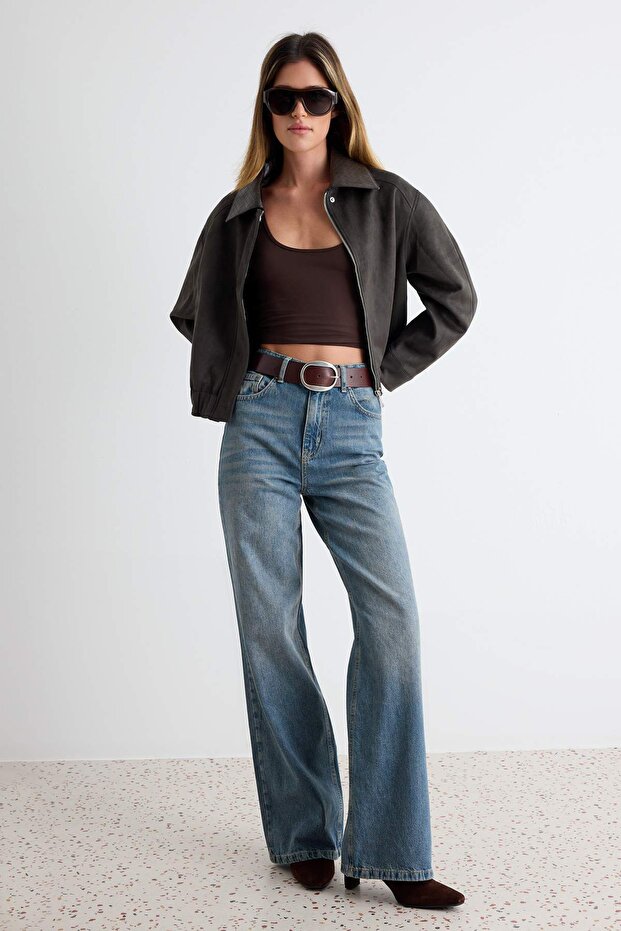 Indigo Yüksek Bel Wide Leg Geniş Paça %100 Pamuk Non-Stretch Jeans TWOAW24JE00089 - 1