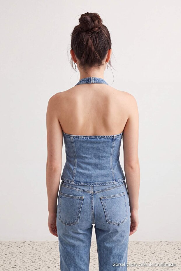 Mavi Az Esnek Qipao Halter Yaka Denim Bluz TWOAW27BZ00130 - 5