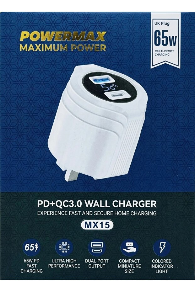 شاحن حائط MX15 بقوة 65 واط عالي السرعة – منفذ مزدوج (USB-C PD + USB-A QC3.0)