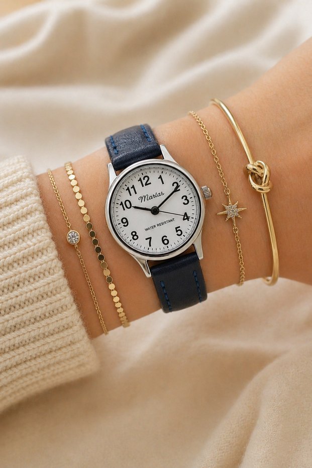 Vintage Women's Wristwatch, Retro Design, Round, Leather Cord, Blue Cord, Easy Use