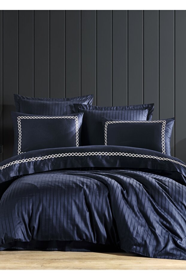 Nüans Cotton Satin Double Duvet Cover Set - Navy Blue