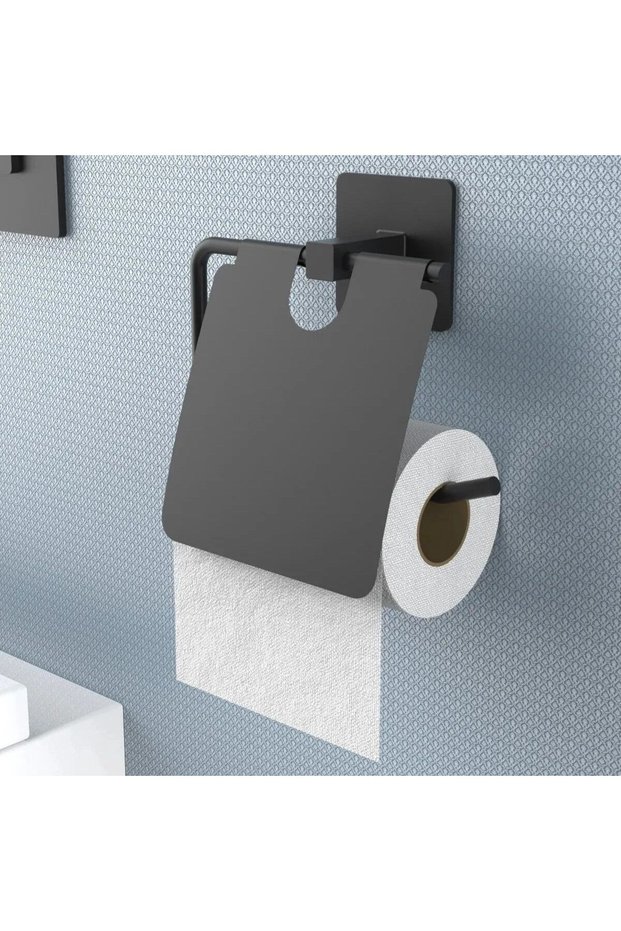 Self Adhesive Black Stainless Metal Cover Toilet Roll Holder Apparatus