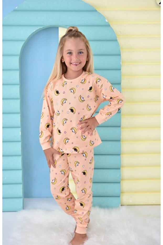 Children's Moon Print Pajama Set 3-8 Years Salmon