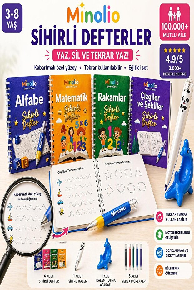 Minolio Sihirli Defter Magic Learn Oluklu Sihirli Yazı Seti – 4 Kitap + Sihirli Kalem Hediyeli