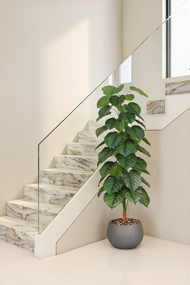شجرة أوراق قلبية اصطناعية بطول 200 سم مع وعاء رمادي فاتح - نبات زينة داخلي