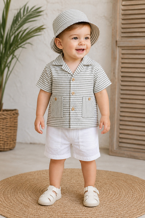 Baby Boy Pocket Detailed Short Sleeve Striped Shirt-Hat-Shorts Summer Premium 3-Piece Set