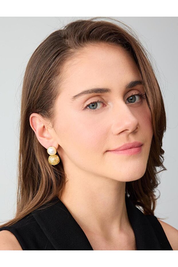 Gold Color Ball Pearl Detailed Earrings