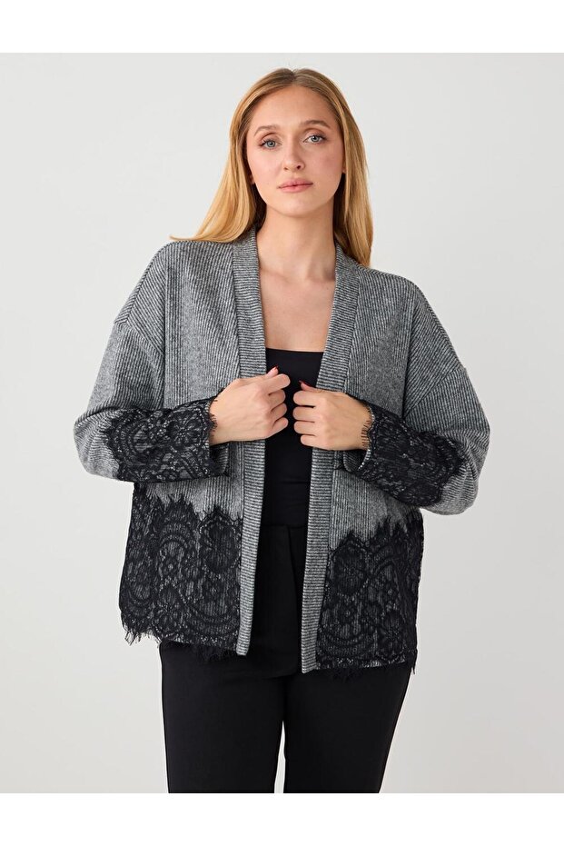 Anthracite Relaxed Fit Long Sleeve Knitted Cardigan with Lace Detail