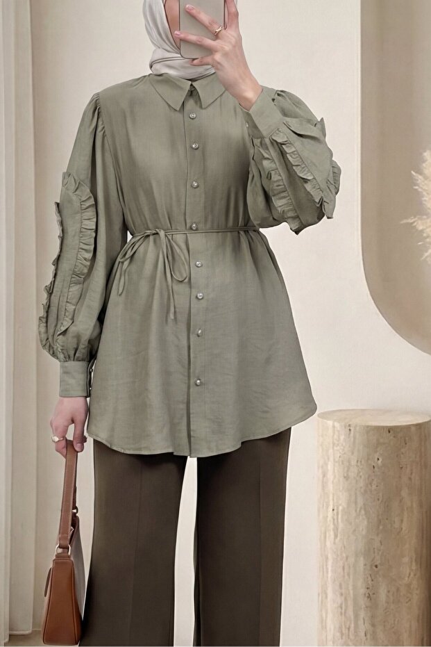 Ruffled Sleeves, Stoned Buttons, Tie-Up Shirt -Khaki