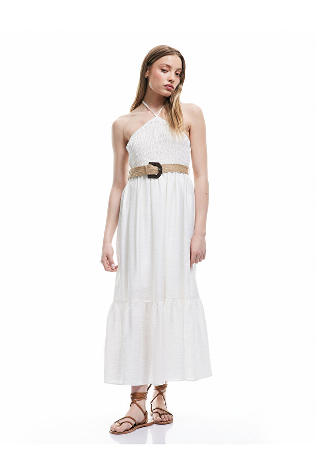 A-Line Halter Neck Viscose Long Halter Neck Dress with Belt Detail