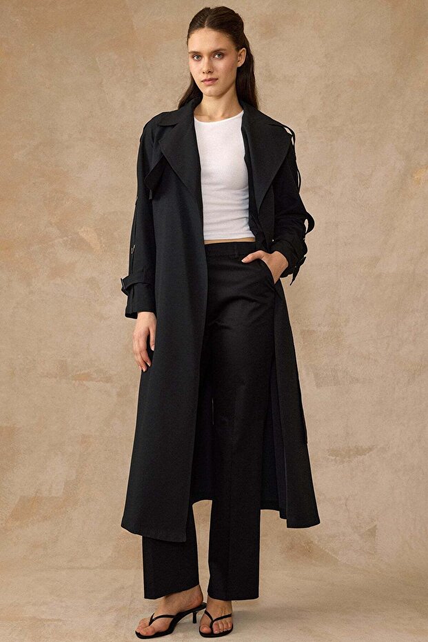 Unlined Soft Fabric Thin Trench Coat with Metal Accessories on the Sleeves Black 6842