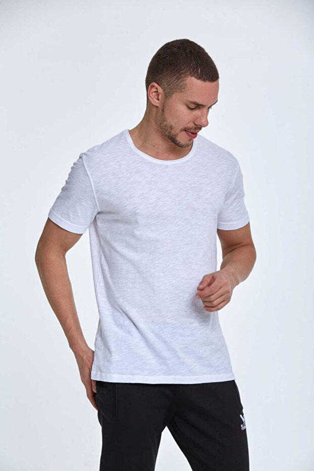 Sausage Collar Flamed Single Jersey Cotton White T-Shirt