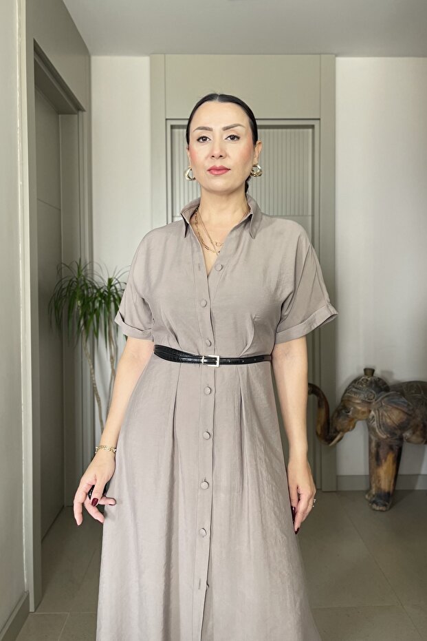Belted Midi Length Short Sleeve Dress with Full Button Closure on the Front