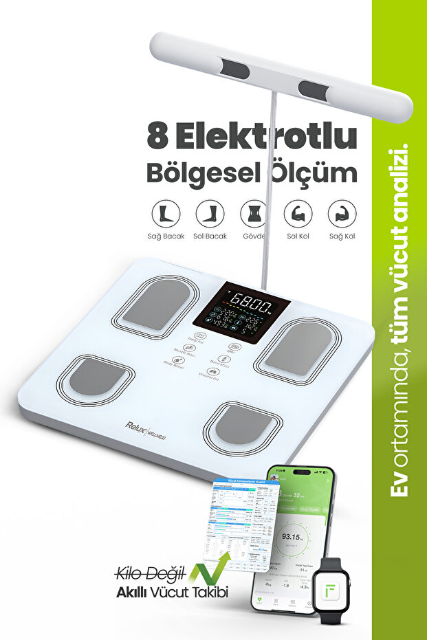 Relux RBS6000 8 Elektrotlu Akıllı Tartı - Segmental Vücut Analizi, Multi-BIA, Yağ, Sıvı, Kas Ölçer