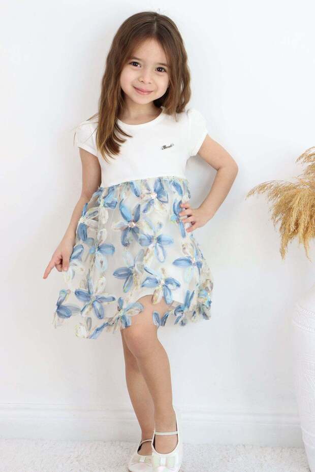 Girl's Dress with 3D Daisy Flower Applique and Sequin Detail, Ages 4-9, Ecru