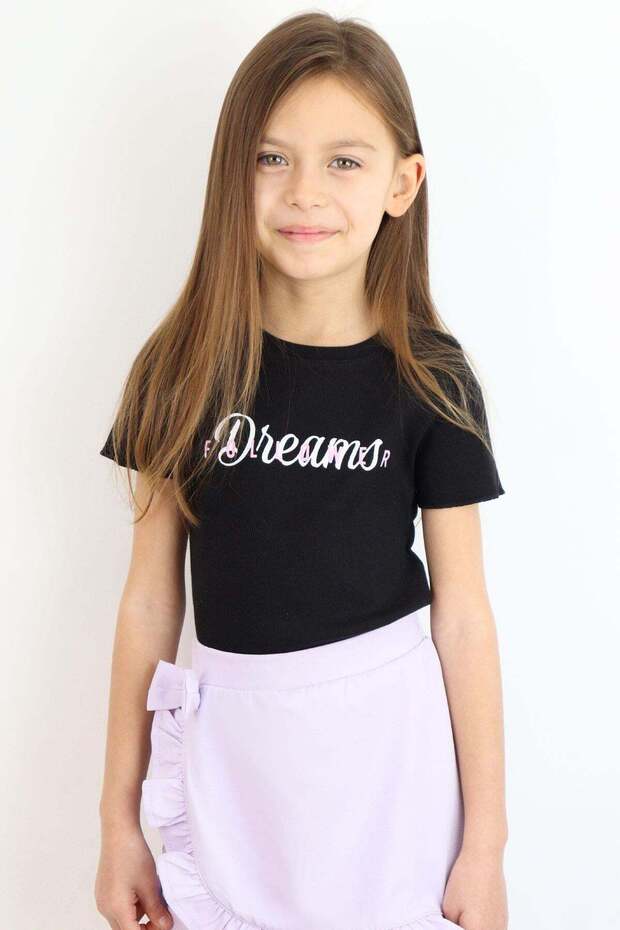Girl's T-Shirt with Text Print, Ages 8-14, Black