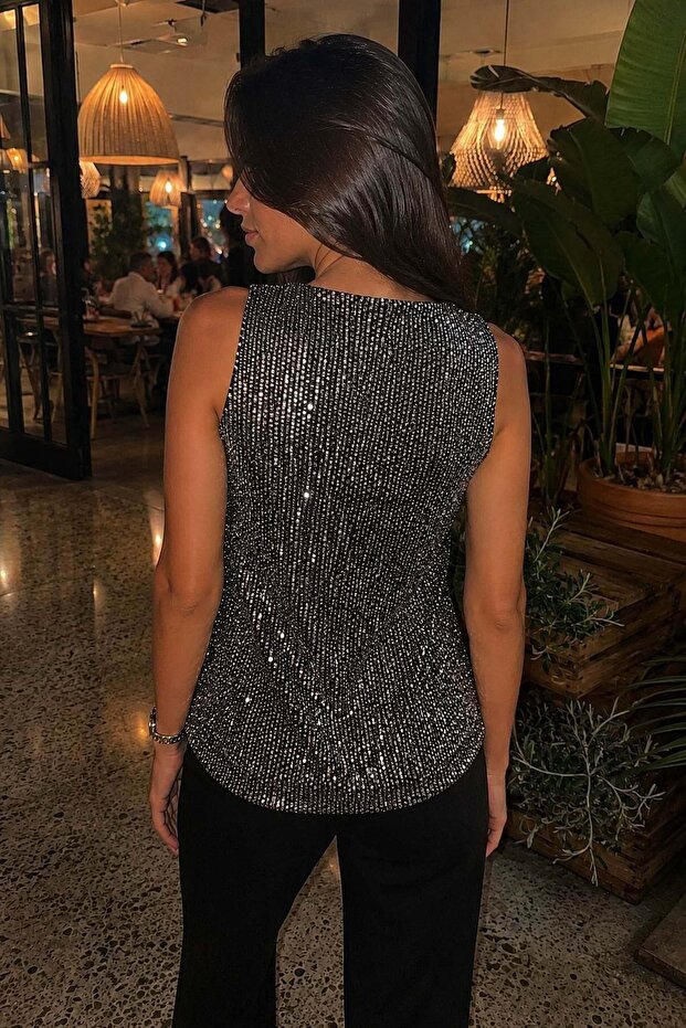 Black Sequined V-Neck Strap Blouse - 4
