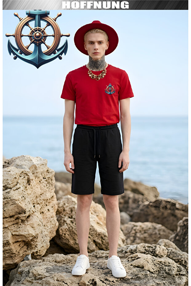 Unisex Casual Short Sleeve Set with Anchor Print Outdoor Spring/Summer Full Shorts