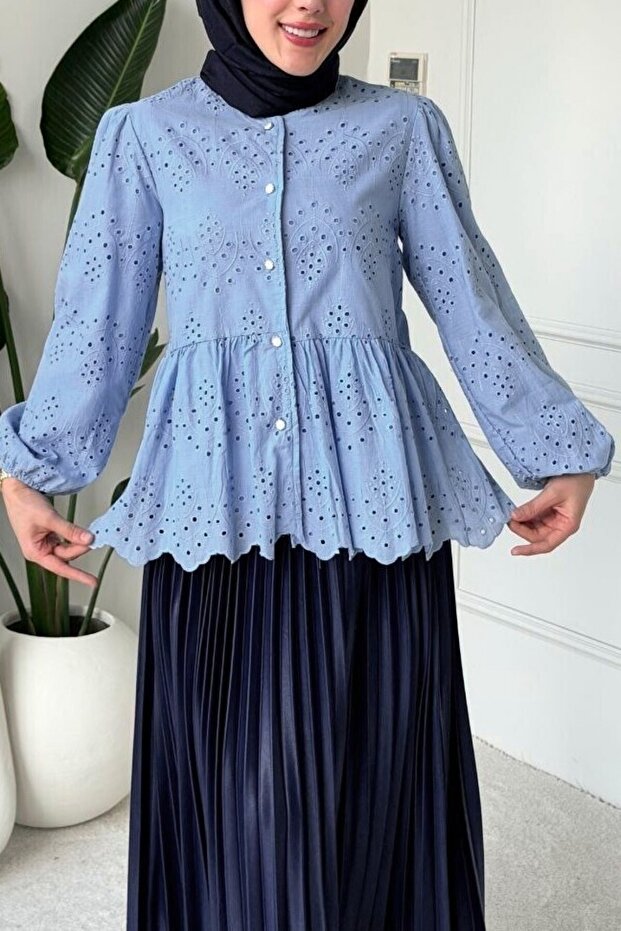 Elastic Sleeves, Openwork Buttons, Lined Shirt - Blue