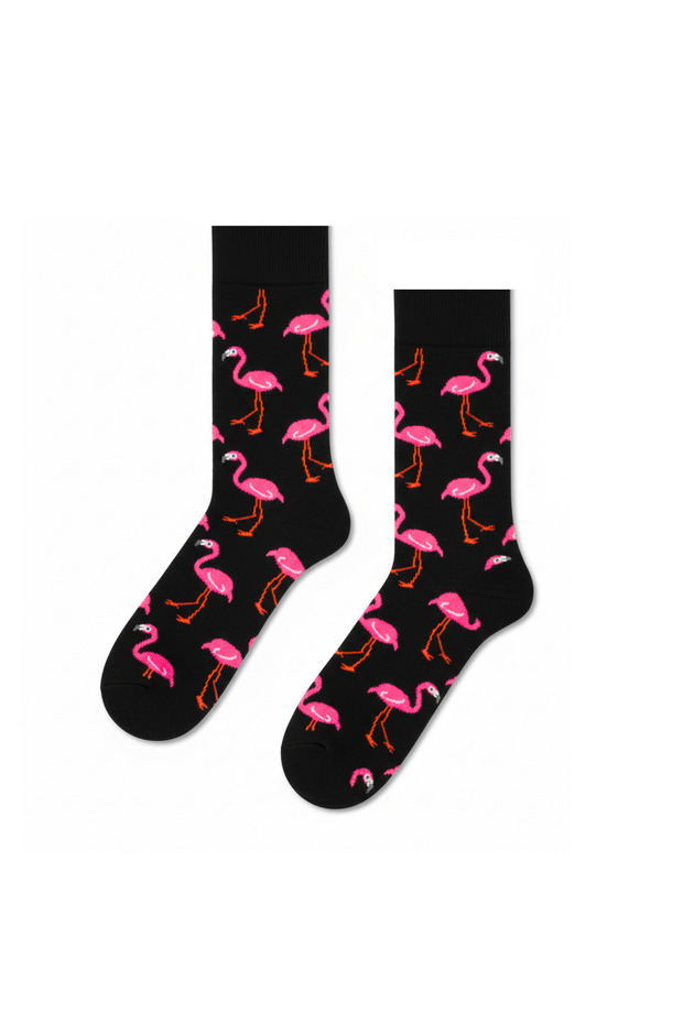 Flamingo Patterned Black Colored Unisexsoket Socks