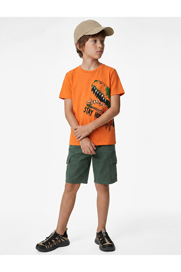 Dinosaur Printed Short Sleeve Crew Neck Cotton T-Shirt