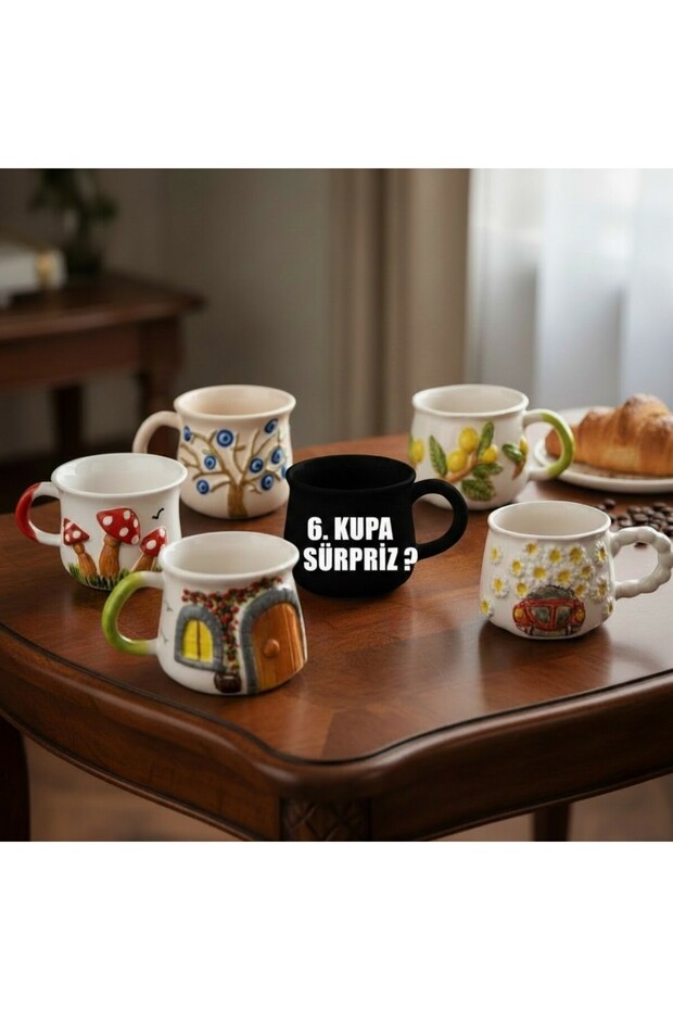 Embossed Patterned, Large Size and Double-Sided Handcrafted, Set of 6 Mugs, the 6Th Mug Will Be a Surprise and a Different Model Will Come!