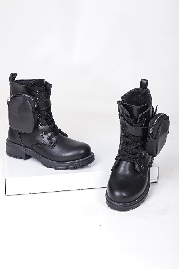 Black Kids Boots with Wallet Detail Ysn542