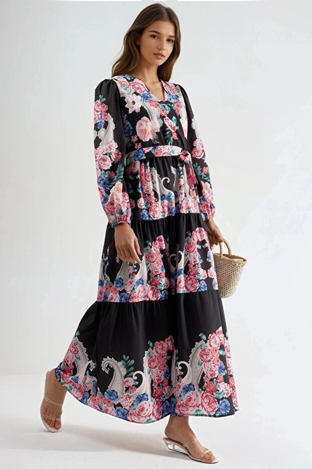 Msn Tie Detailed Floral V-Neck Maxi Dress