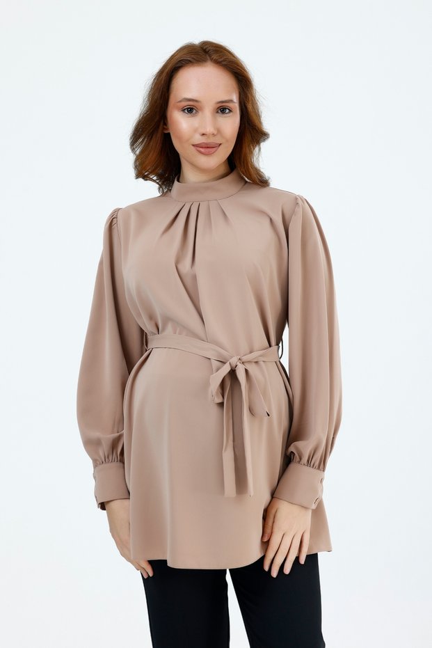Pregnant Jessica Fabric Blouse, Collar Zipper, Sleeves with Button Detail (Mink)