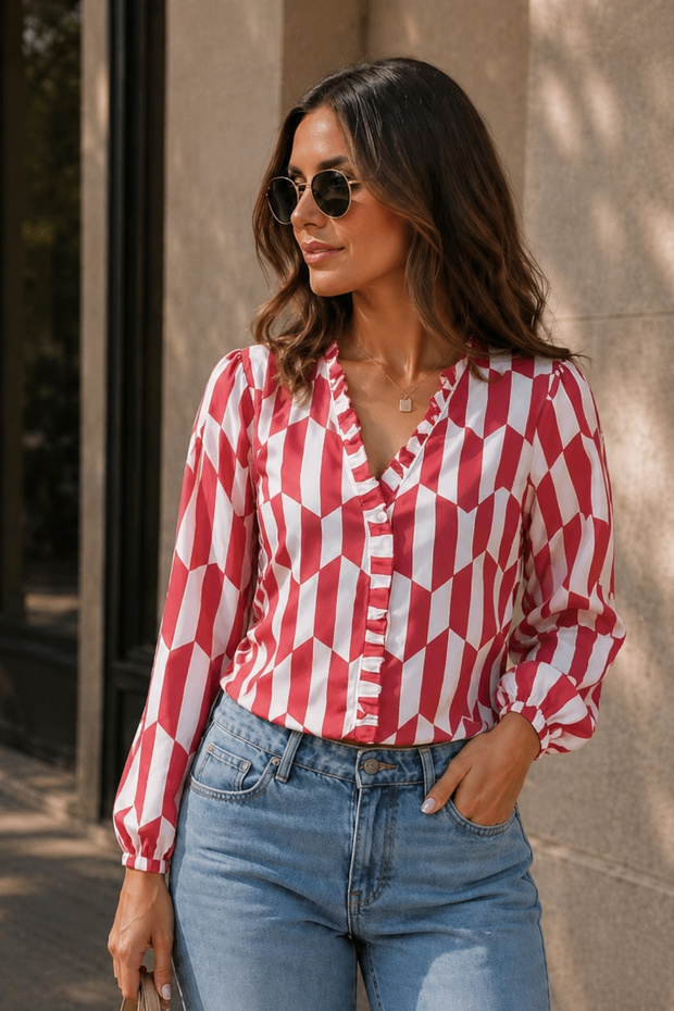 Women's Red Blouse with Ruffled Collar and Elasticated Long Sleeves at the Front Arm-25Y001015