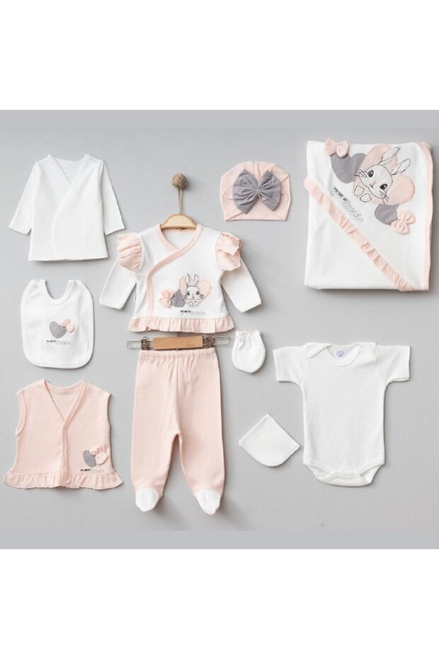 Baby Girl with Heart and Rabbit with Bow 0-3 Months 10-Piece Newborn Hospital Release Zibin Set Boxed