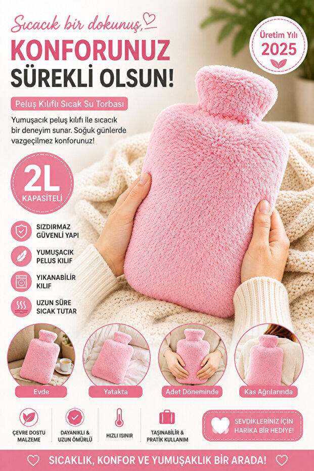 Hot Water Bag Warm Water Bag with Soft Plush Cover 2L. Capacity Washable Cover Pink