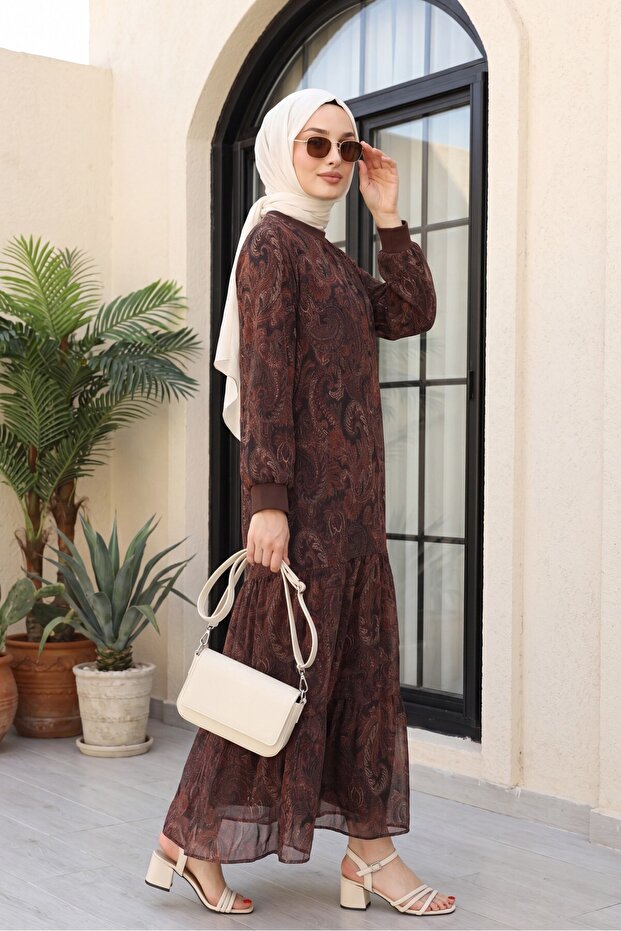 Ethnic Pattern Skirt, Partly Lined Chiffon Dress - Plum