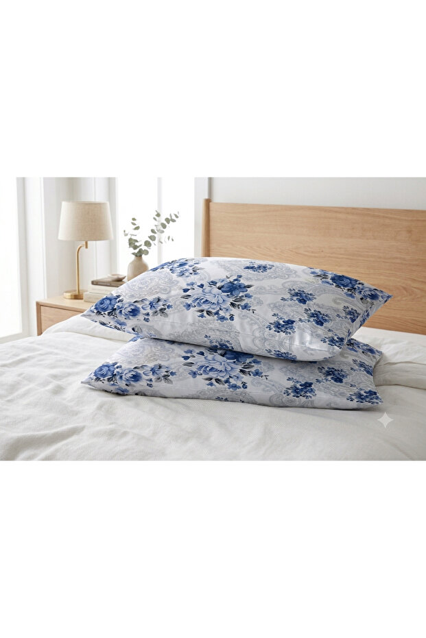 Pillow Cover 2 Pieces White Background Blue Flowers Leaves Gray - Black (48X65) High Quality, Useful, Stylish, Beautiful