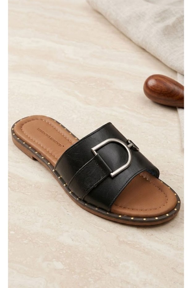 Genuine Leather Heelless Black Women's Slippers