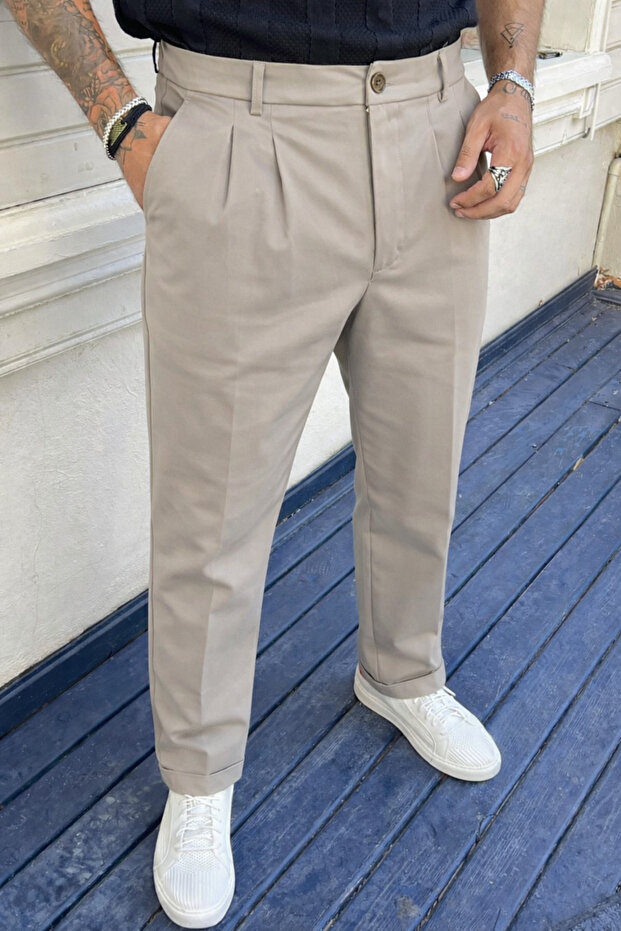 Men's High Waist Regular Fit Stone Fabric Trousers