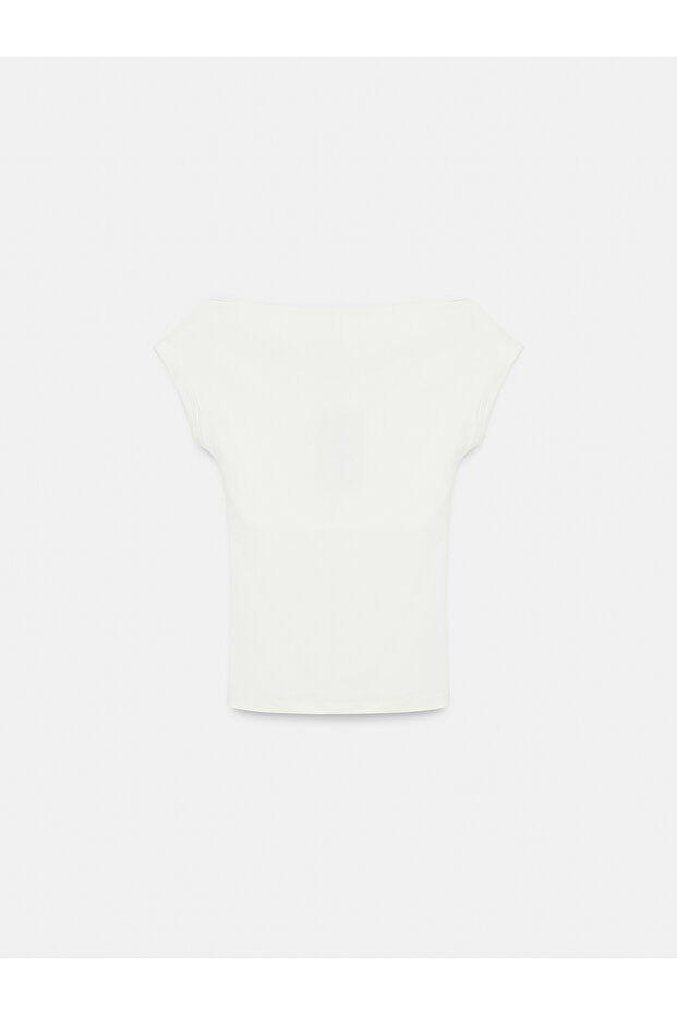 32839 Tricou Basic cu guler larg-Ecru - 7