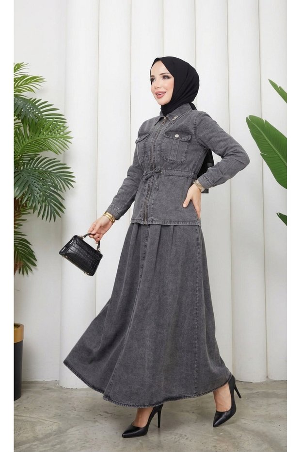 Smoked Denim Hijab Jacket and Skirt Combination Set