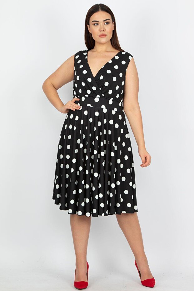 Women's Large Size Black Polka Dot Patterned Wrap Back Waist Elastic Detailed Dress 65n19620