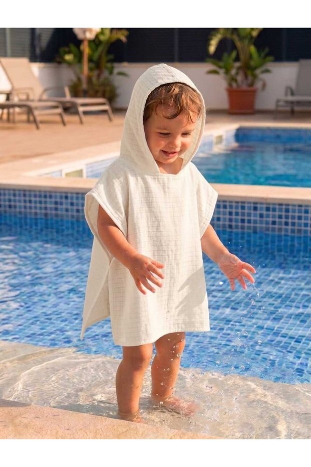 Muslin Poncho Hooded Girl-Boy-Baby Baby Sea, Beach, Pool Cream / Ecru