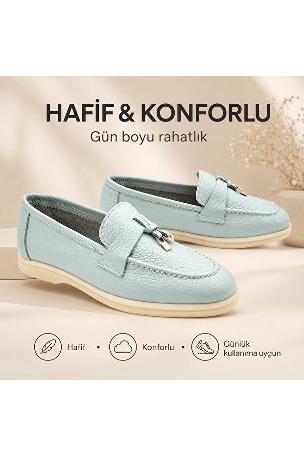 Genuine Leather Light Blue Women's Loafer Shoes Rubber Sole Comfortable Daily Moccasins