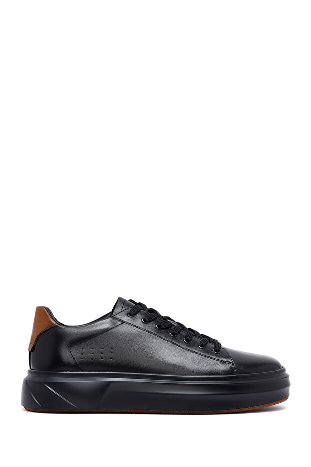 Men's Black Lace-Up Thick Soled Genuine Leather Sneaker, Winter Sports Shoes 25Wfd611618