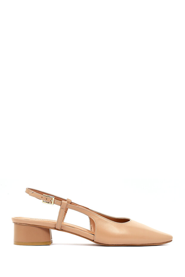 Women's Beige Open Back Short Thick Heeled Leather Ballerinas 26Pfd160918