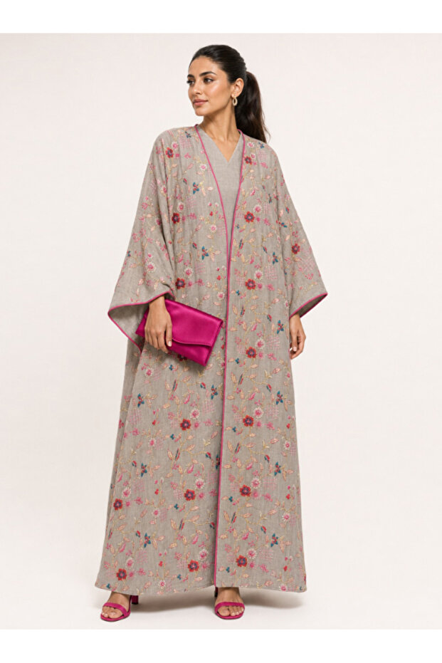 2 Pieces Linen Abaya with white elegant embroidery