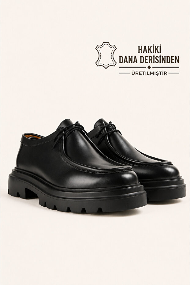 Men's Black Genuine Leather Thick Sole Lace-Up Shoes - Obsidian