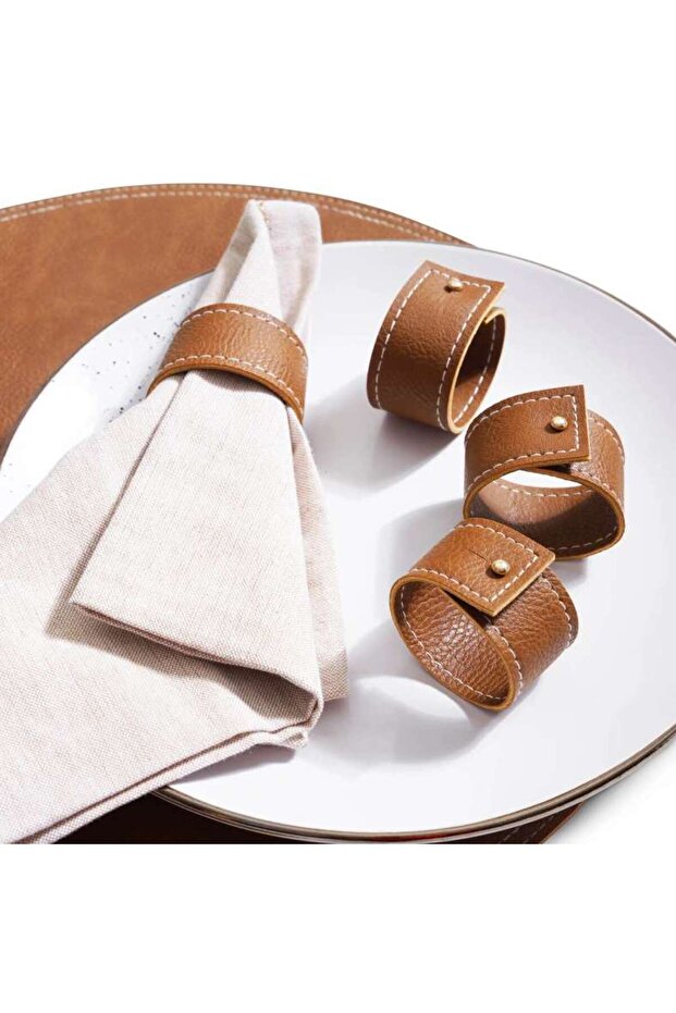 Houston 4-Piece Faux Leather Napkin Ring Set D5X3.2cm - Brown