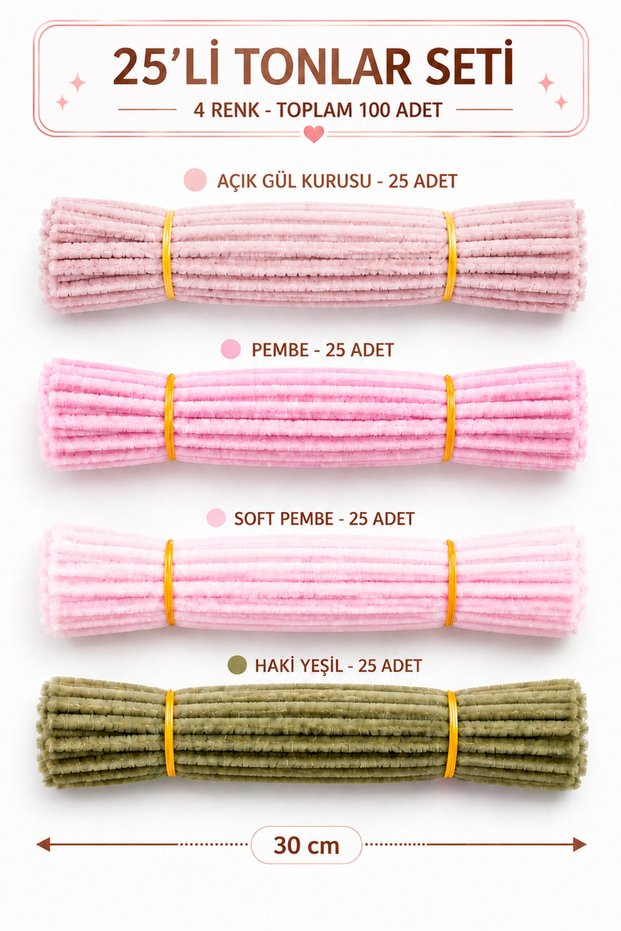 100 Pieces of 4-Piece Chenille Set: Pink (25), Dusty Rose (25), Soft Pink (25), Army Green (25), Floral Feather Te