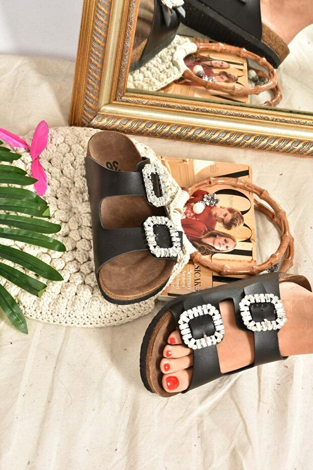 Black Double Buckle Stoned Women's Slippers K777604809
