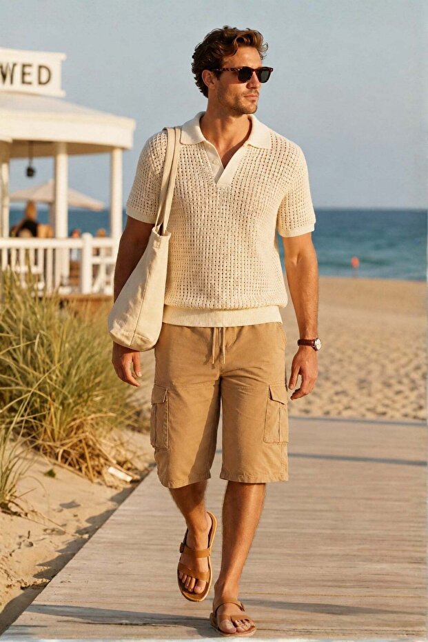 Camel Cargo Pocket Men's Capri Shorts 6875