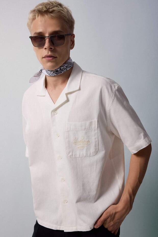 100% Cotton Boxy Fit Apaş Collar Short Sleeve Ecru Shirt H6319Ax26Sm